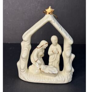 Porcelain Nativity Hanging Ornament Cream Gold Religious Christmas Decor